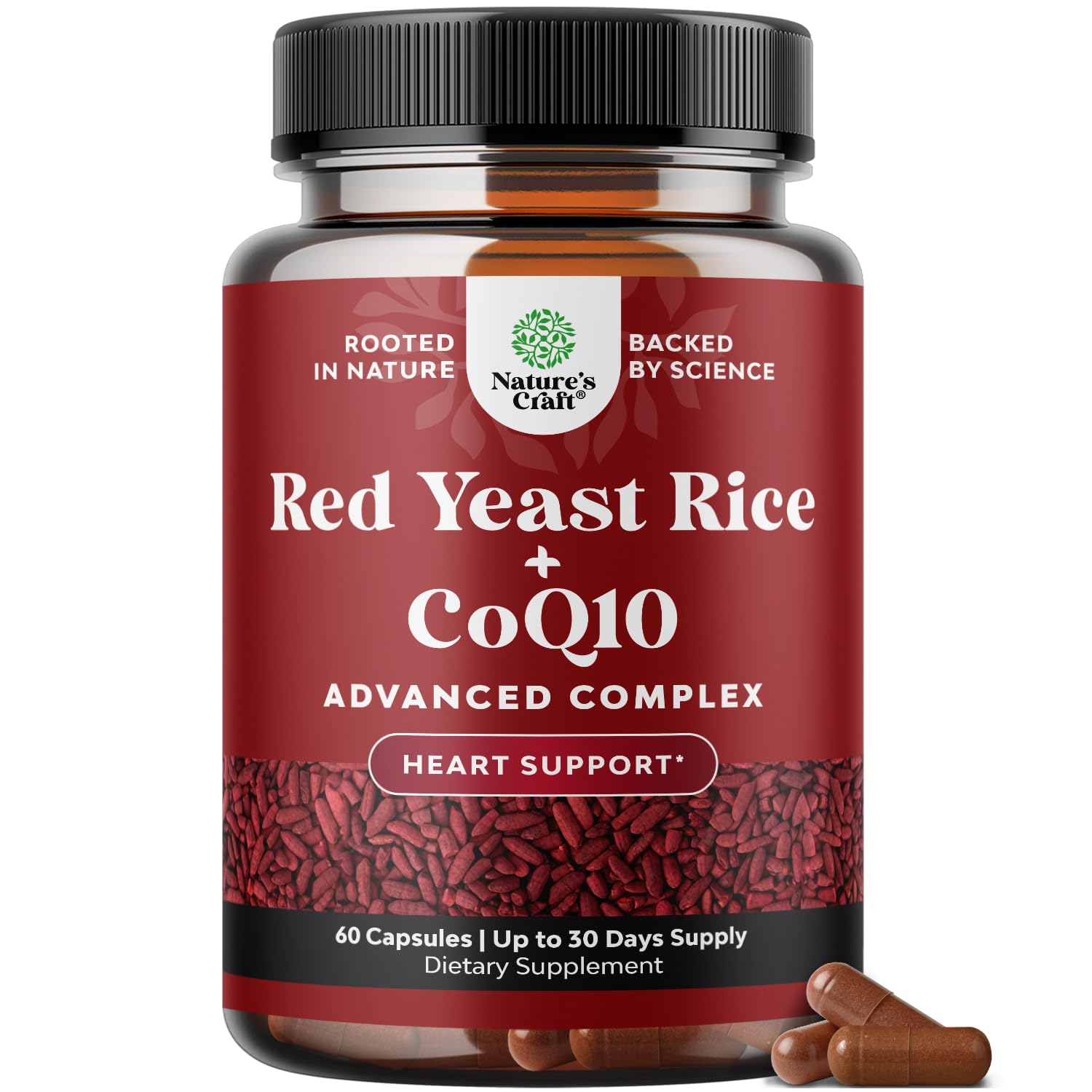 Natures Craft Red Yeast Rice con CoQ10, empaque visible para apoyo diario al corazón