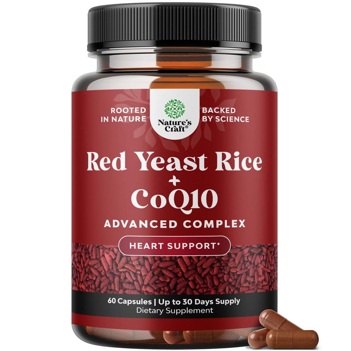Natures Craft Red Yeast Rice con CoQ10, empaque visible para apoyo diario al corazón