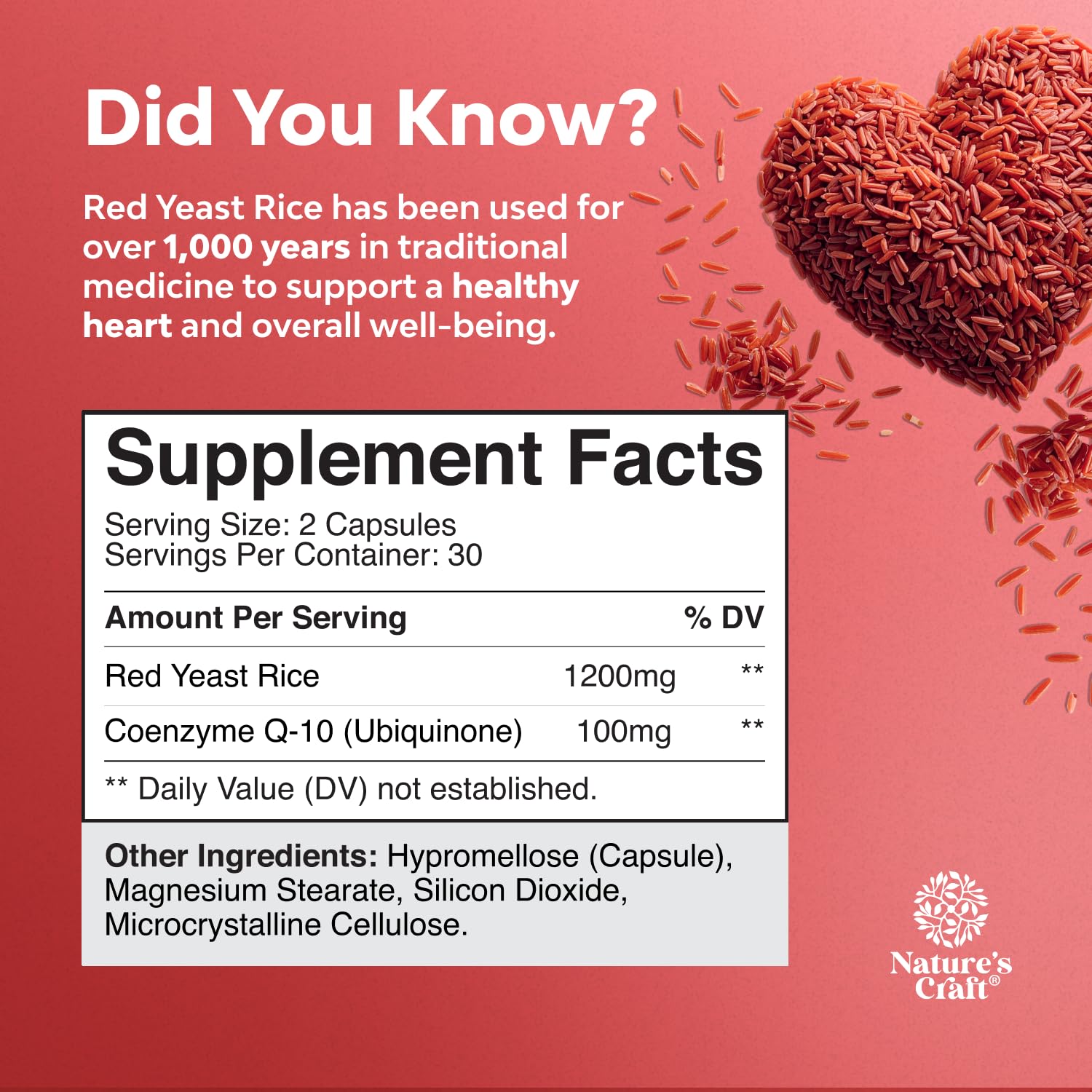 Natures Craft Red Yeast Rice con CoQ10, ingredientes listados para transparencia
