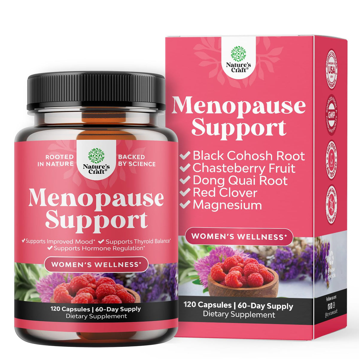 Natures Craft suplemento menopausia en botella de cápsulas para equilibrio hormonal diario.