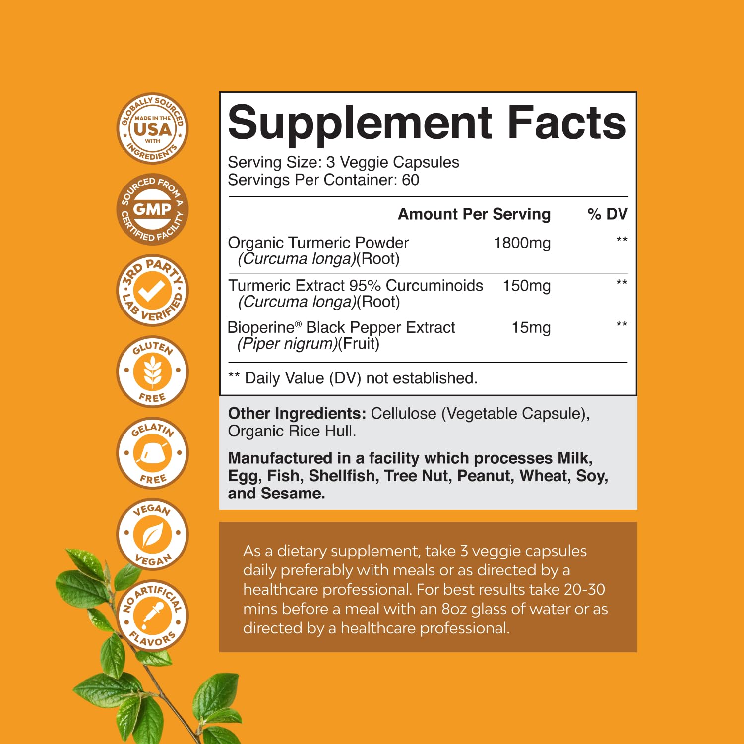 Natures Craft Turmeric Curcumin, bioperine y cápsulas, absorción optimizada para movilidad