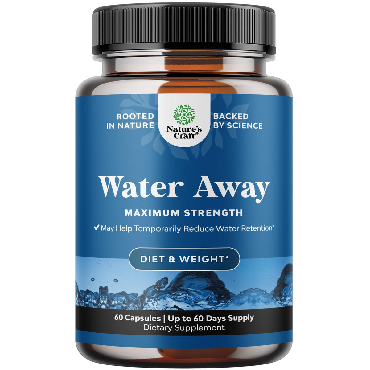 Water Away de Natures Craft: botella con etiqueta visible, apoyo suave para retención de líquidos.