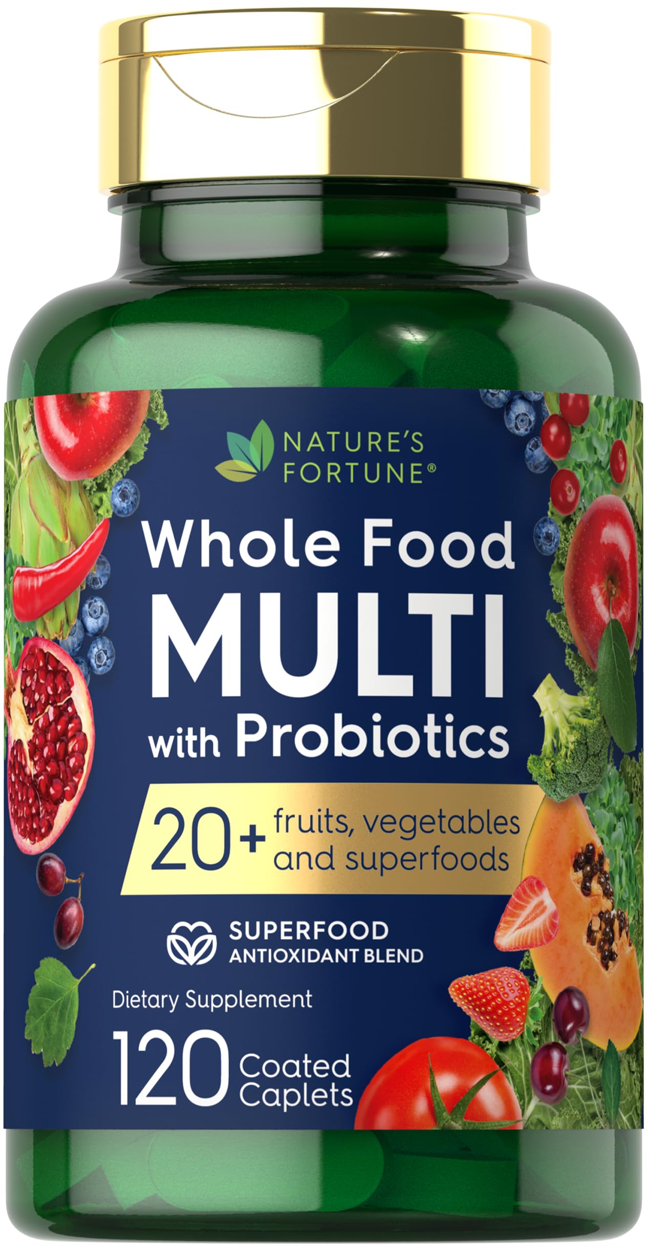 Nature's Fortune: botella de multivitamínico con frutas y vegetales para apoyo diario de energía.
