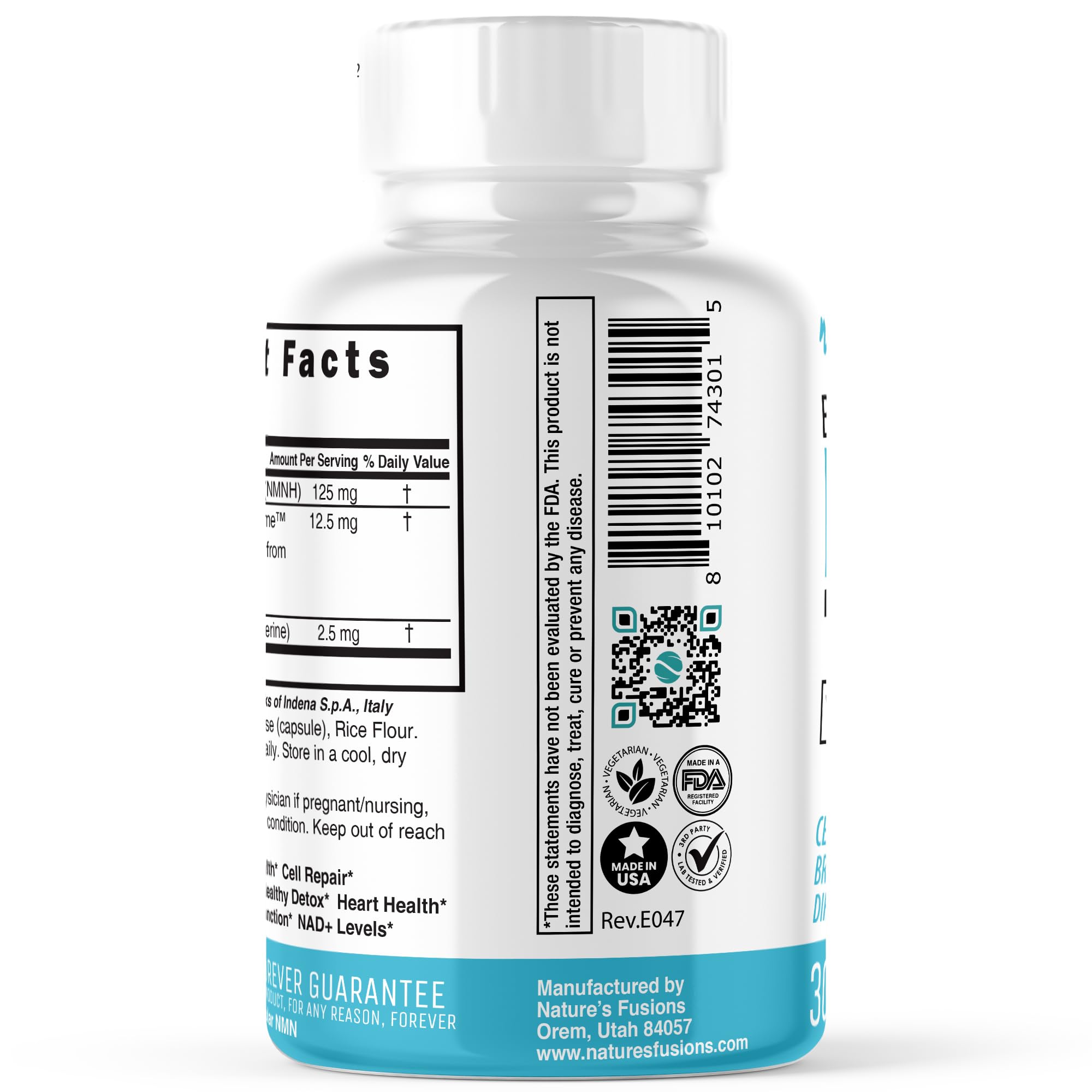 Nature's Fusions NMNH etiqueta informativa de ingredientes y beneficios.