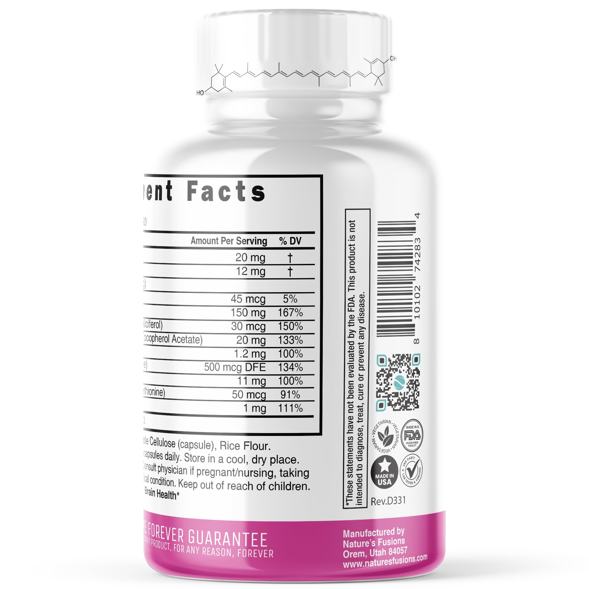 Nature's Fusions Nutri Lutein: etiqueta clara con nutrientes y uso recomendado.