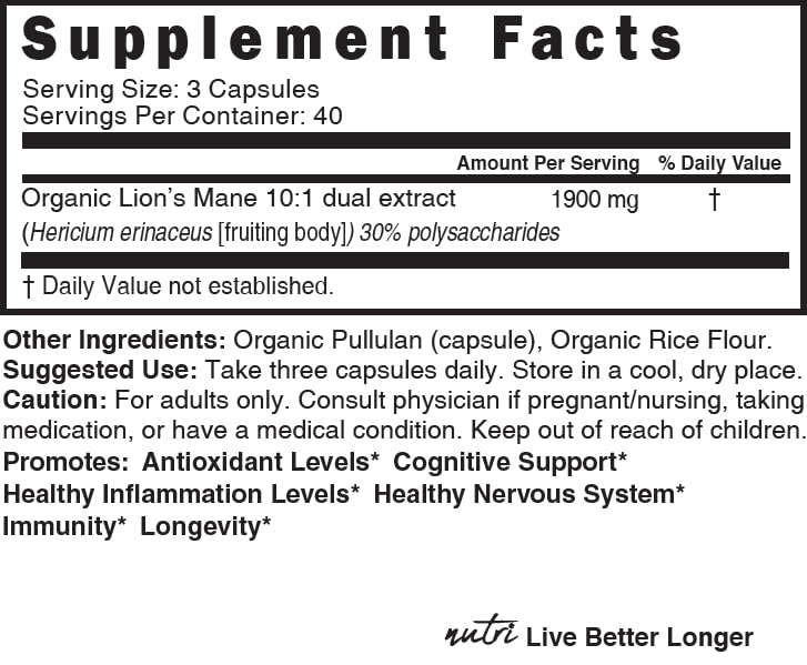 Nature's Fusions Nutri Melena de León frasco de 120 cápsulas para uso diario.