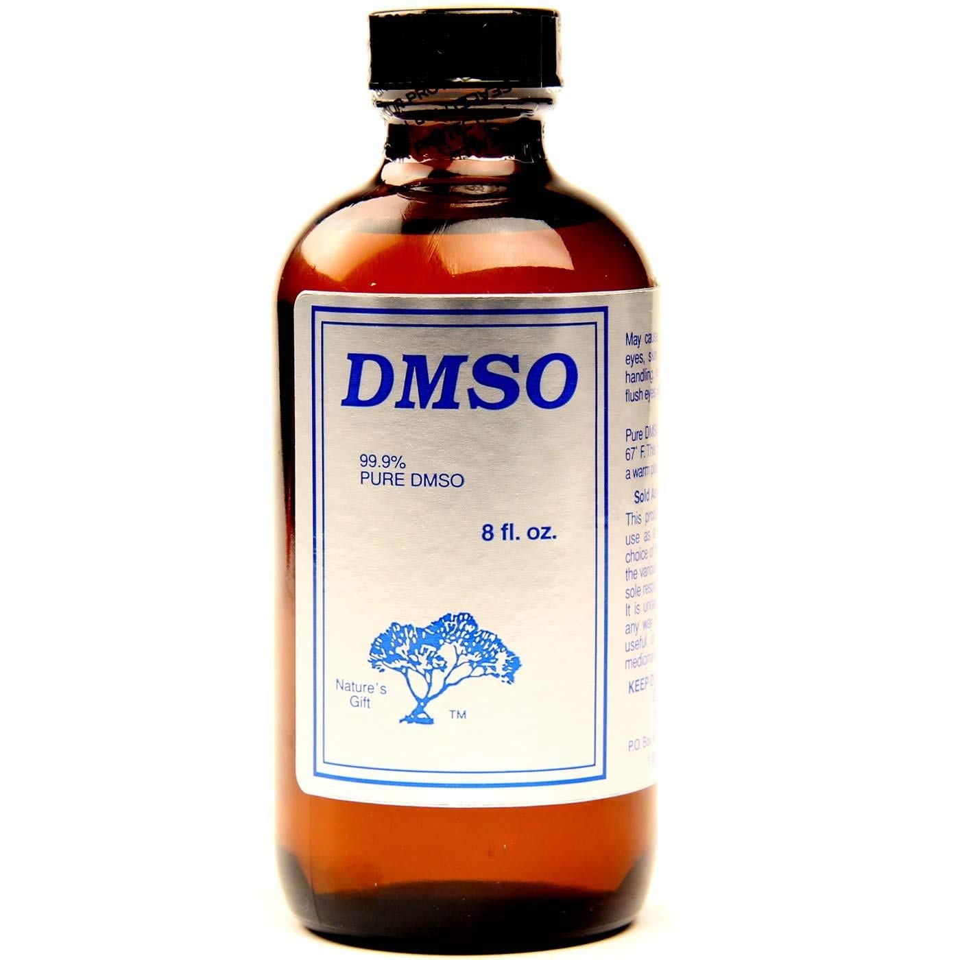 Nature's Gift DMSO 99.9% en botella de vidrio, solvente concentrado para usos versátiles.