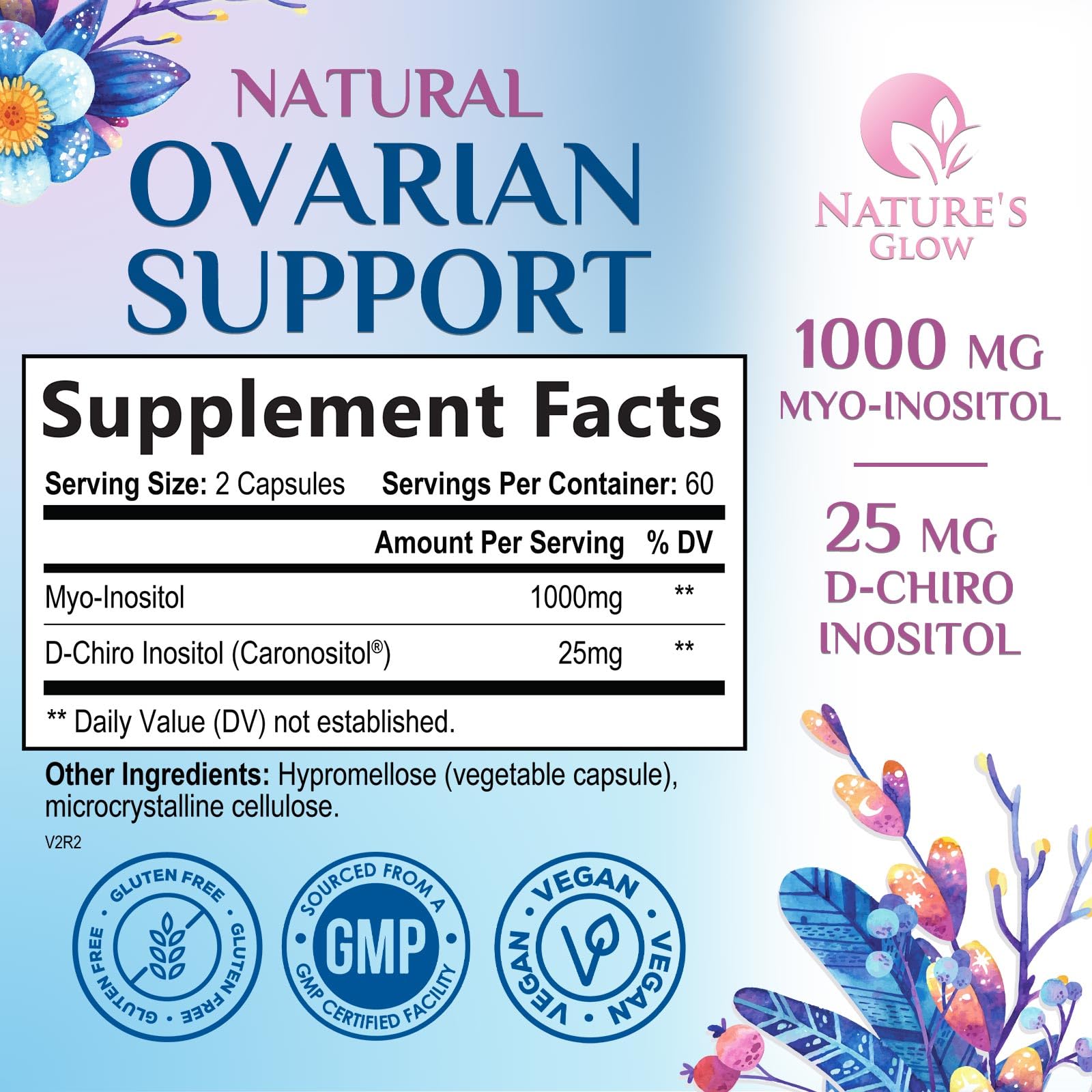 Nature's Glow etiqueta-botella muestra información para soporte hormonal natural.