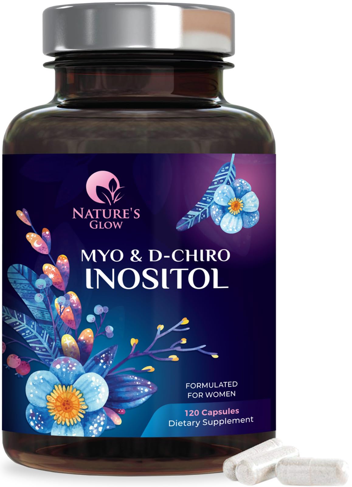 Nature's Glow Myo-Inositol y D-Chiro Inositol en frasco-cápsulas para equilibrio hormonal.