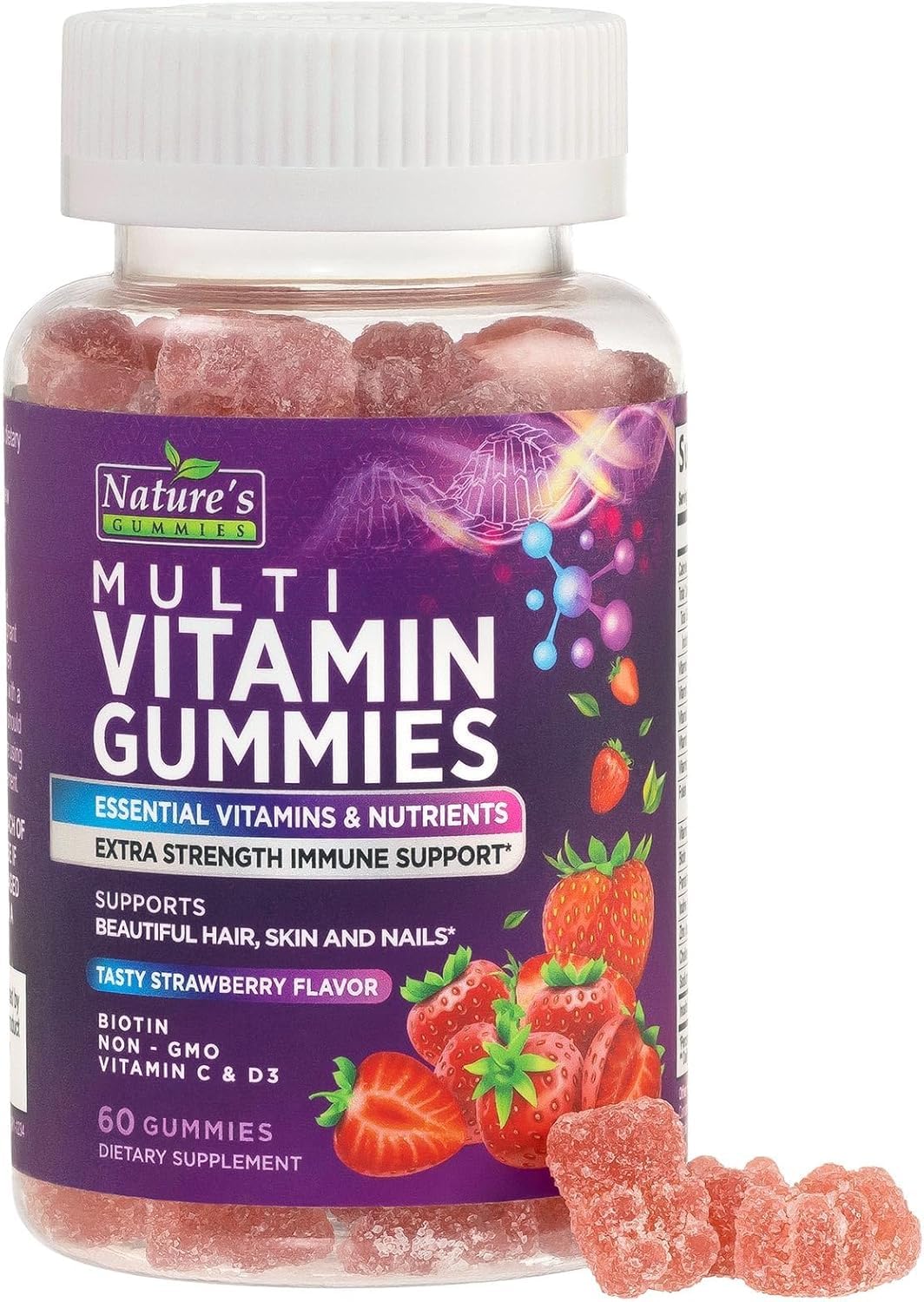Nature's Gummies gomitas multivitamínicas, botella abierta para uso diario.