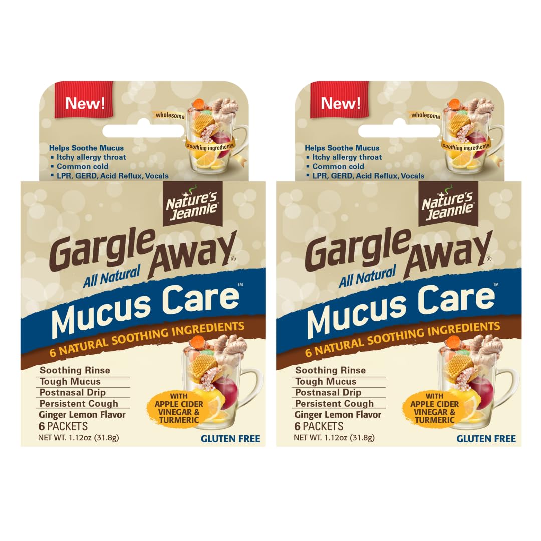 Nature's Jeannie Gargle Away: paquetes disolviendose en agua tibia para limpieza suave de mucosidad