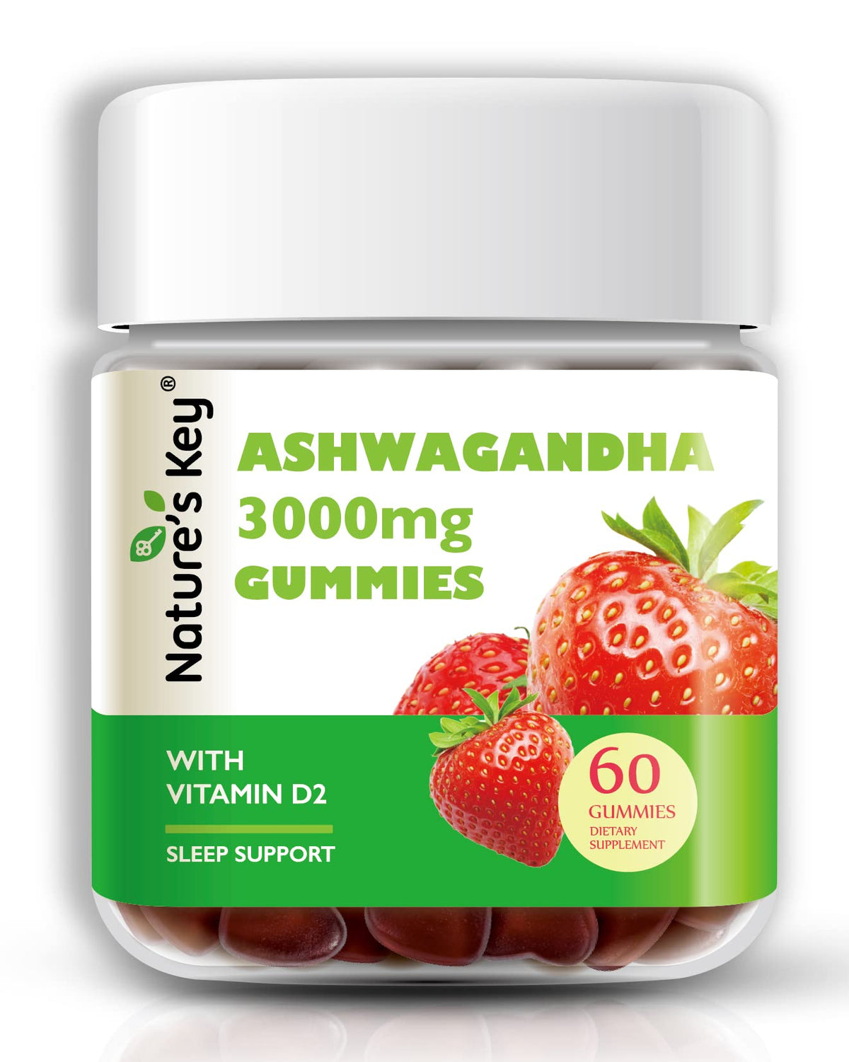 Nature's Key Ashwagandha Gummies: botella, apoyo diario para calma y foco.