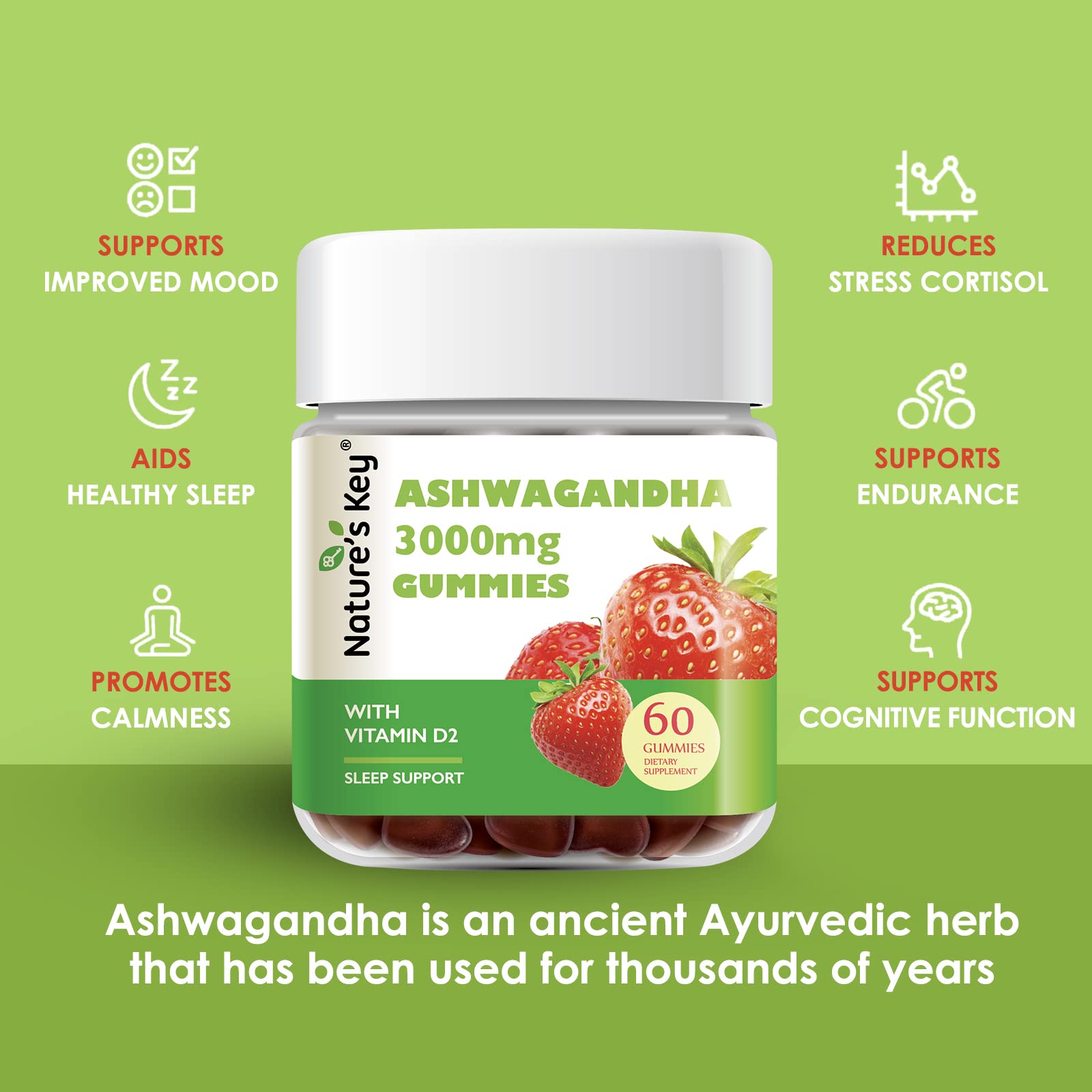 Nature's Key Ashwagandha Gummies: sabor fresa suave para disfrutar sin sabor fuerte.