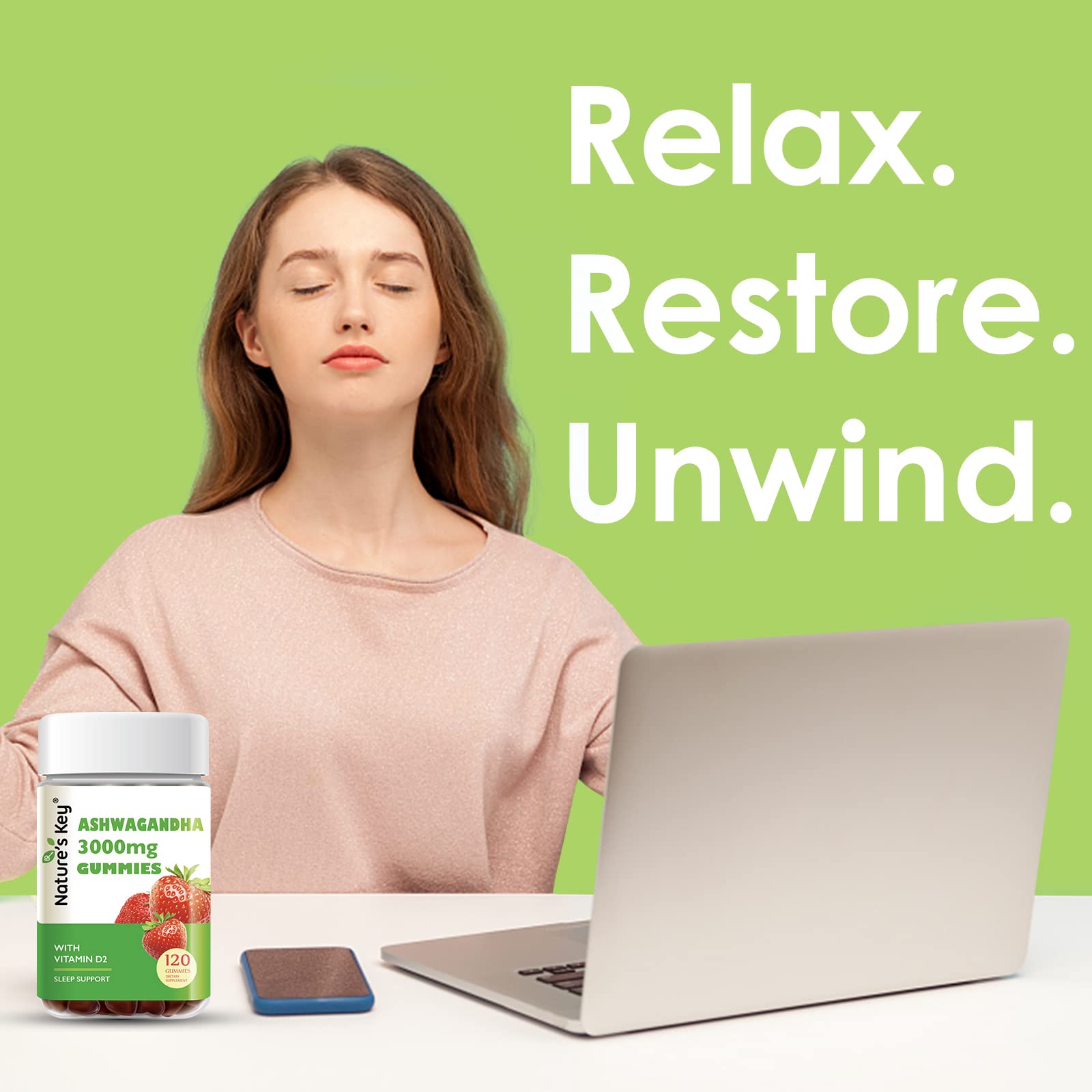 Nature's Key Ashwagandha Gummies sabor fresa destacando aroma dulce y agradable