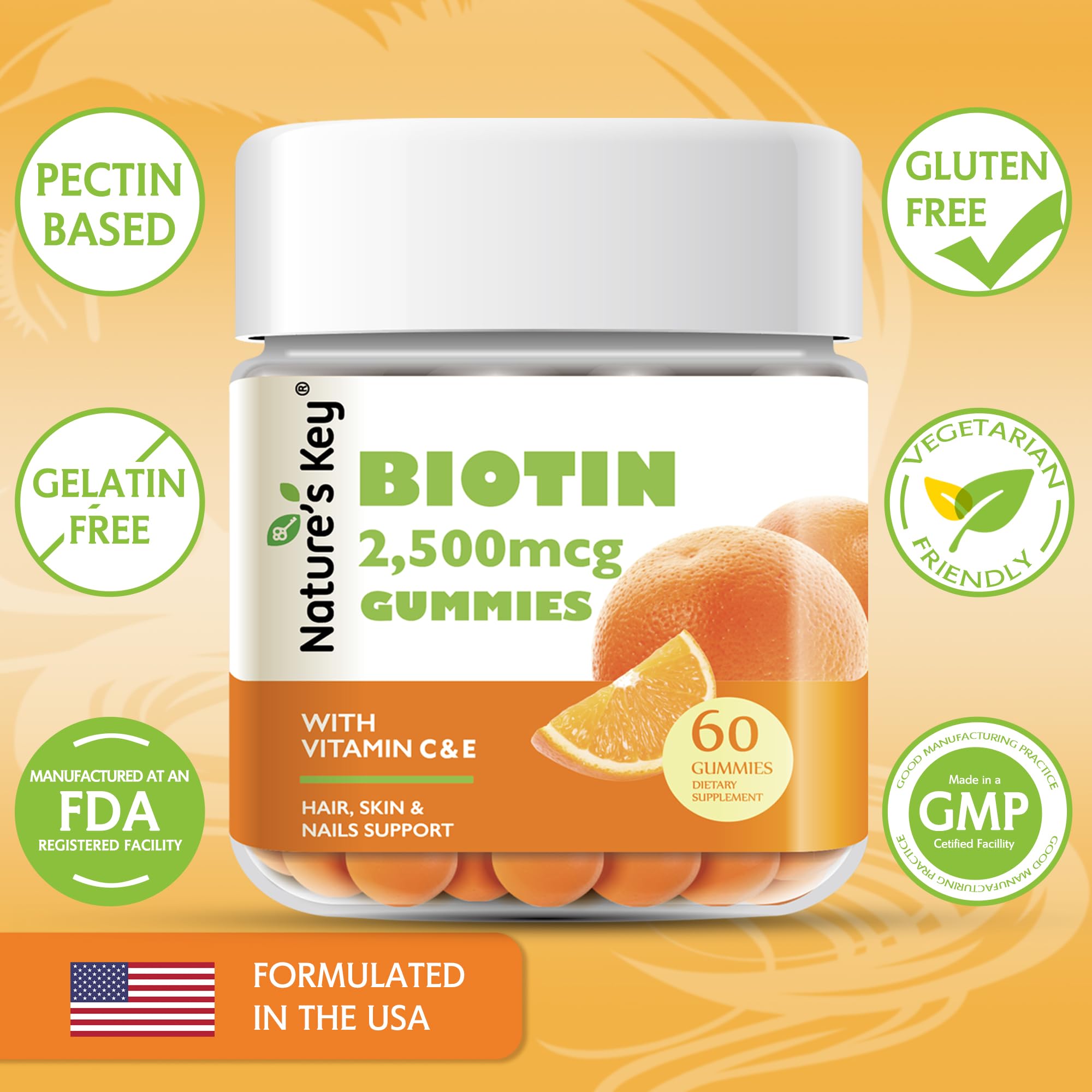 Nature's Key Biotin Gummies, etiqueta informativa con vitaminas C y E para la piel.