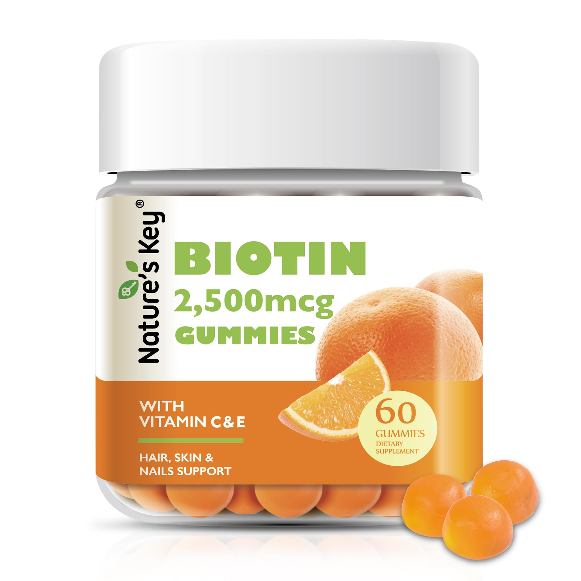 Nature's Key Biotin Gummies frasco naranja para cabello y piel saludables.