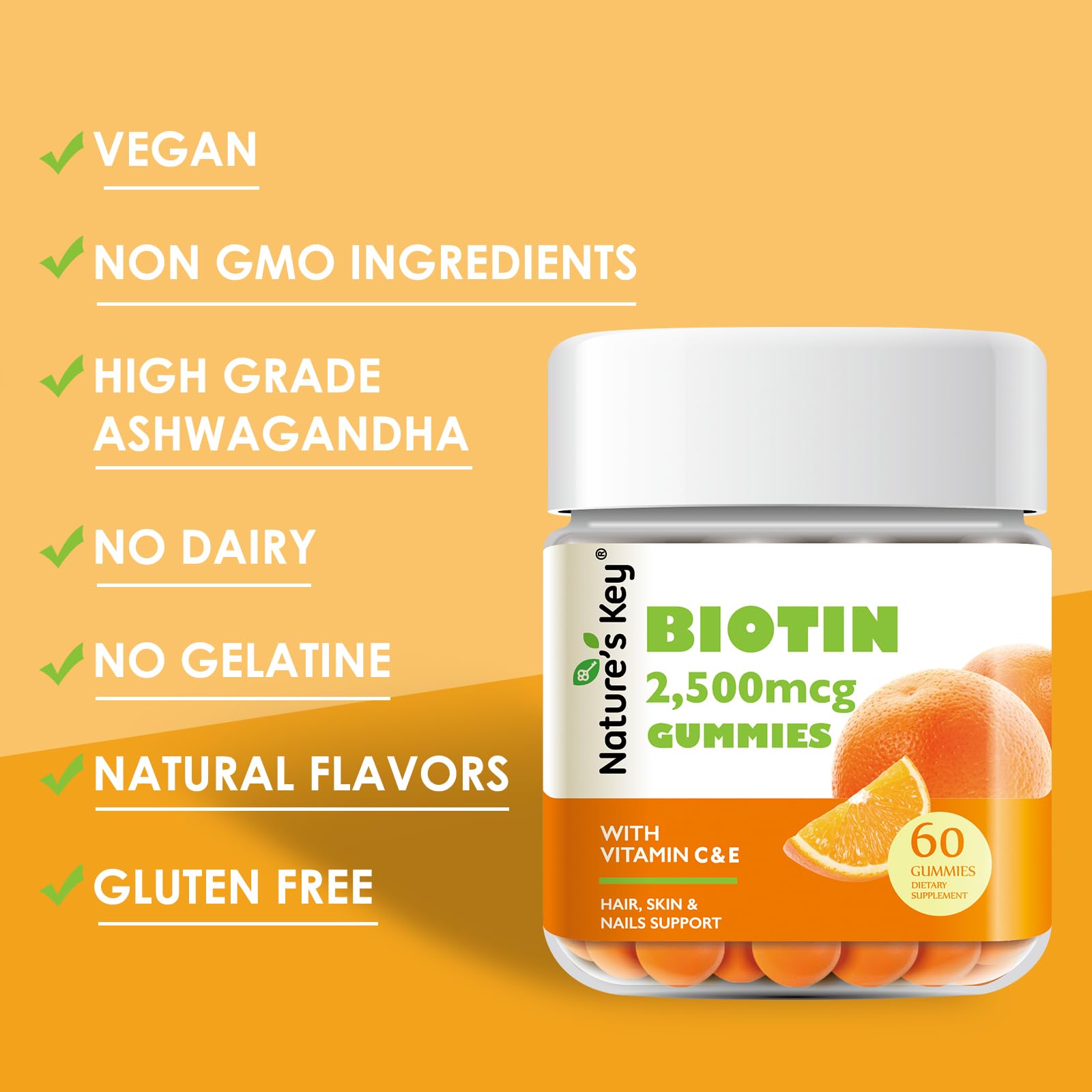Nature's Key Biotin Gummies, vitaminas C y E apoyan la salud de uñas y piel.
