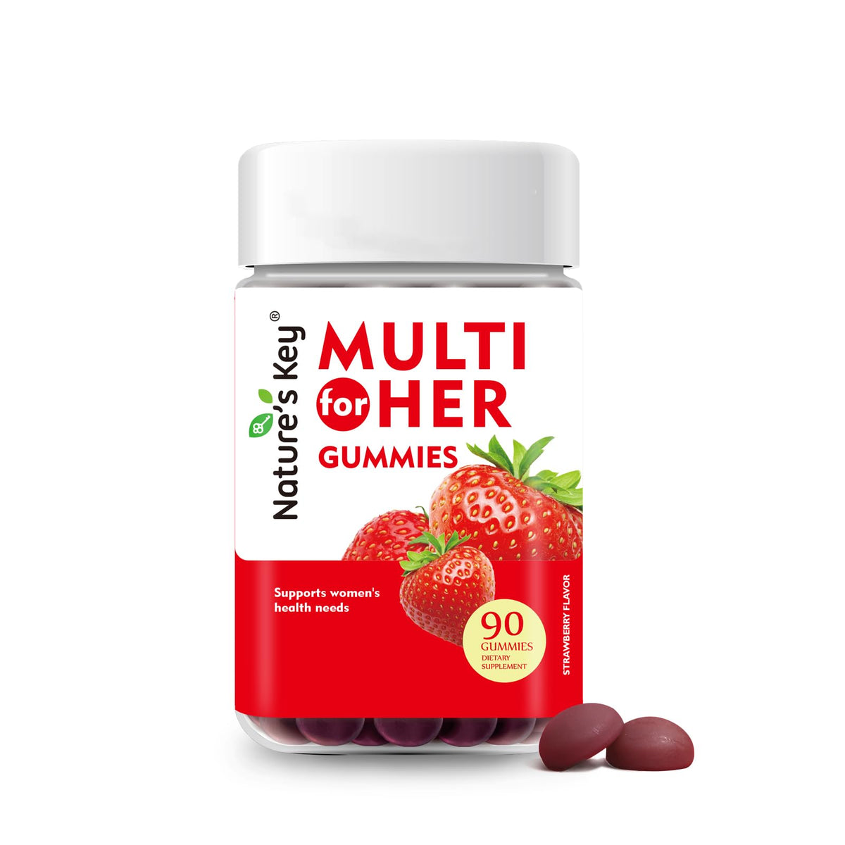 Nature's Key gominolas multivitaminas mujer sabor fresa, bote de 90 para energía diaria.