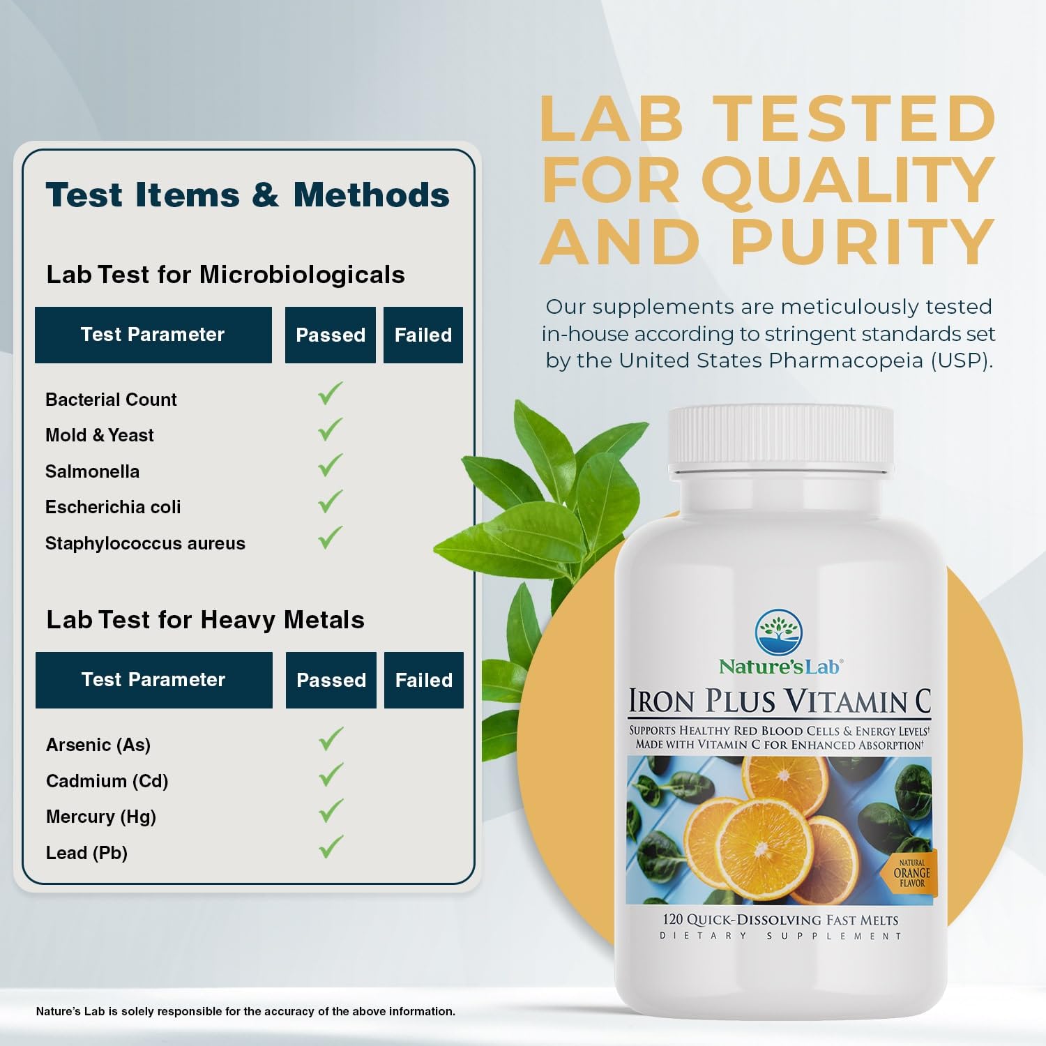 Nature's Lab Iron Plus Fast Melt caja abierta revela tabletas suaves