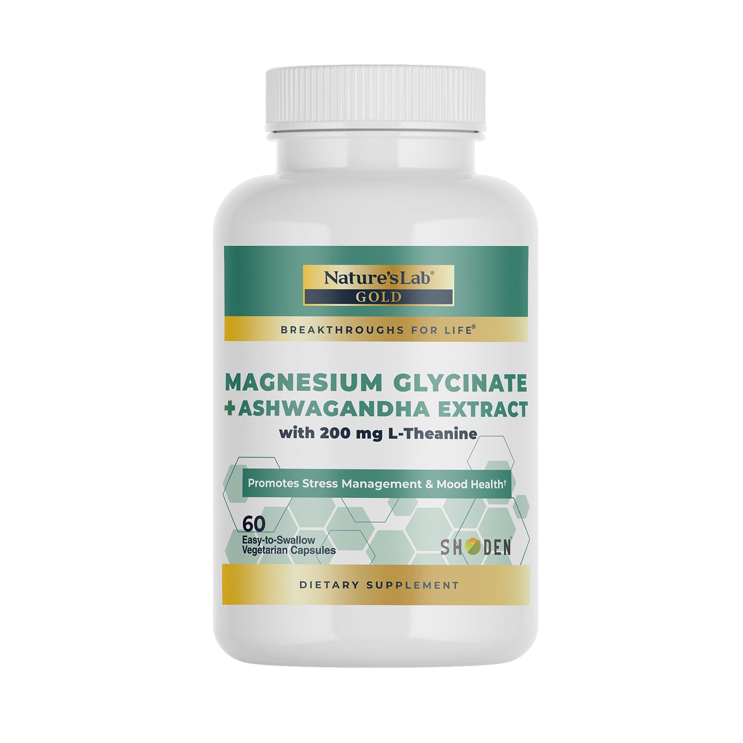 Nature's Lab Gold Magnesium + Ashwaganda, cápsulas, apoyo para manejo del estrés diario.