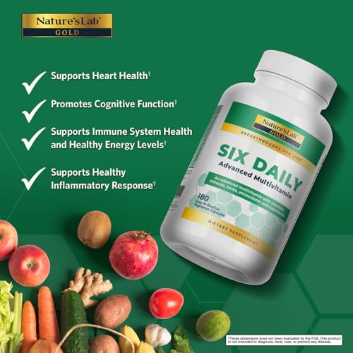 Nature's Lab Six Daily Advanced Multivitamin, etiqueta, guía clara de nutrientes para uso diario.
