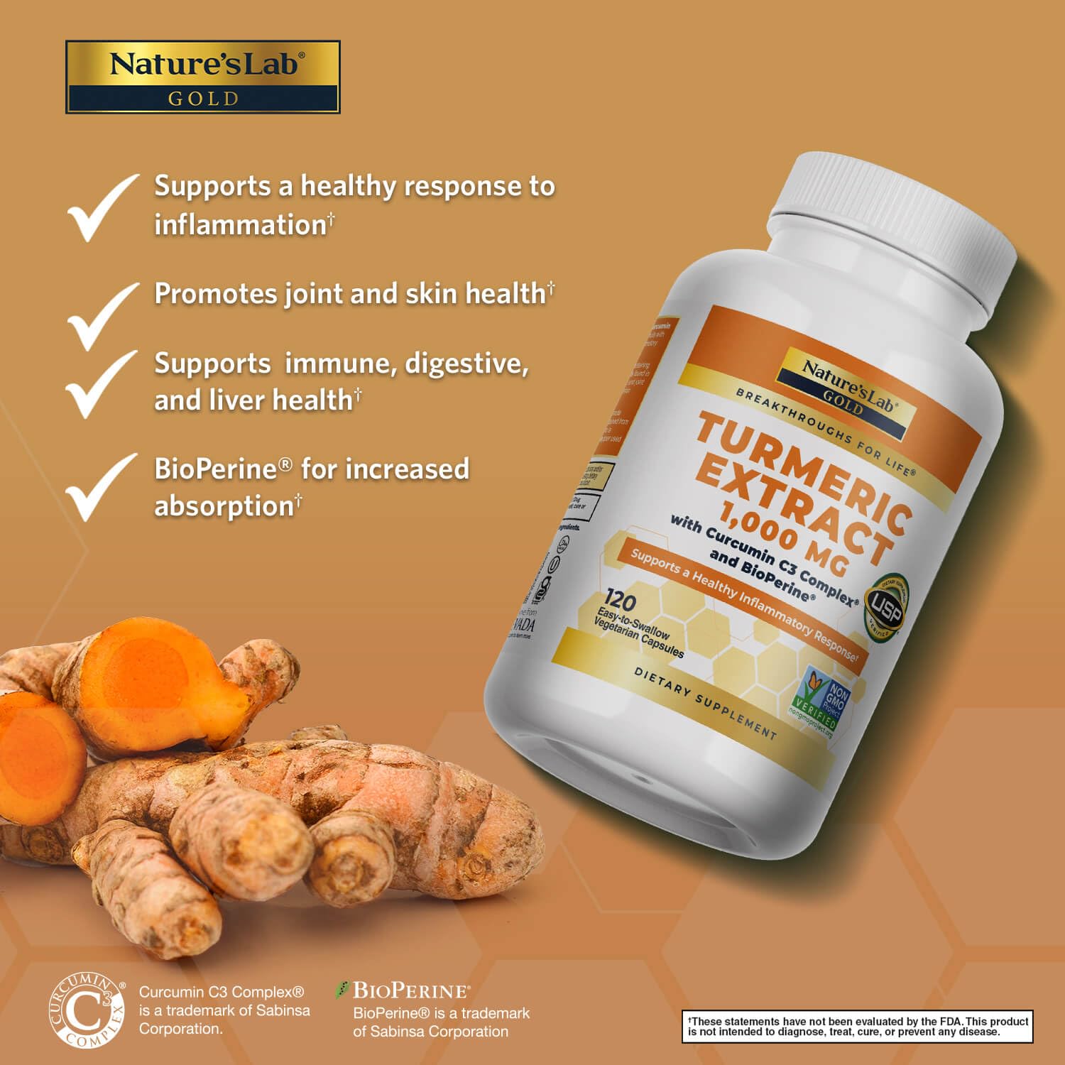 Nature's Lab Turmeric Curcumin C3 Complex: cápsulas en primer plano, posible soporte articular.