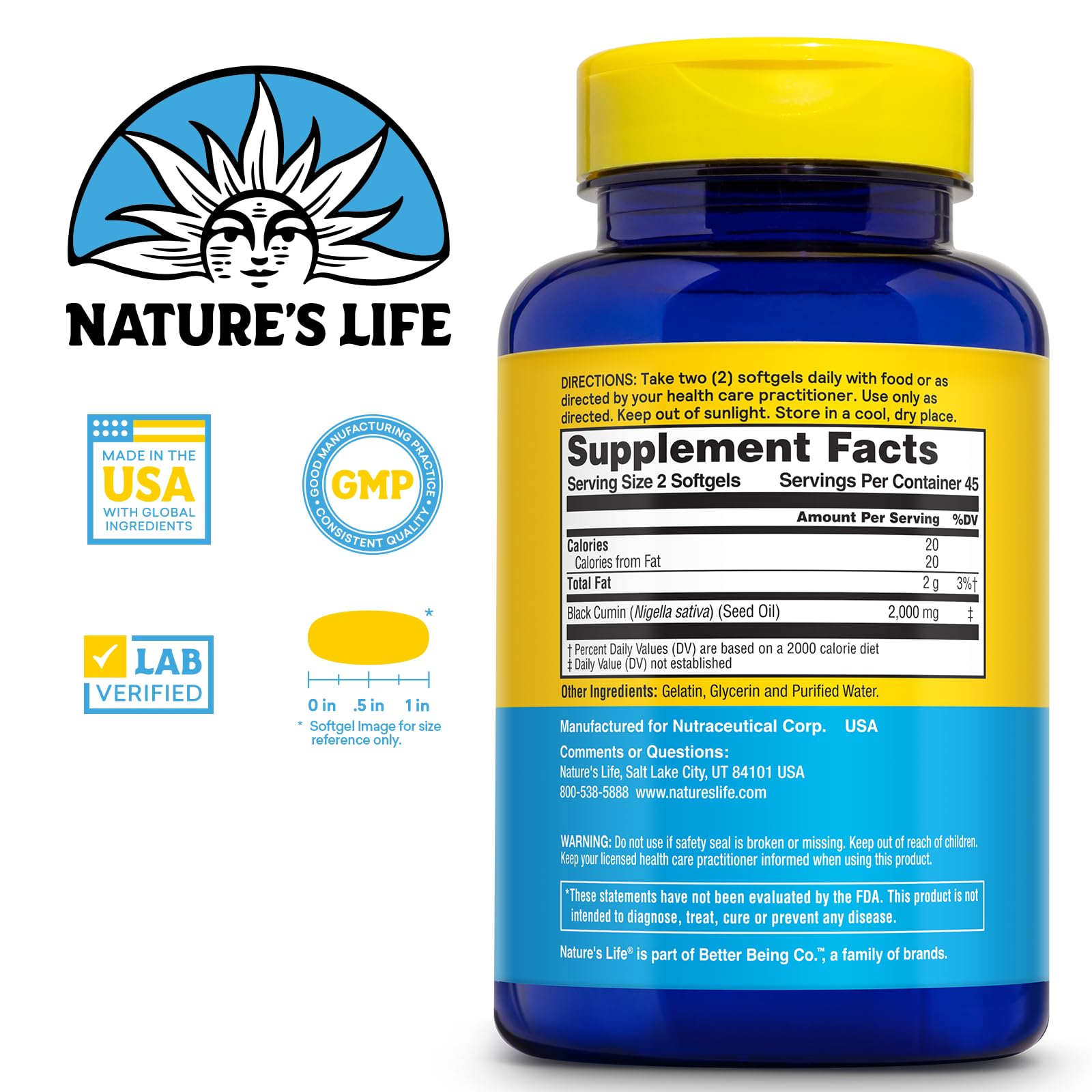 Nature's Life Aceite de Semilla Negra 2000mg en cápsulas suaves para consumo cómodo