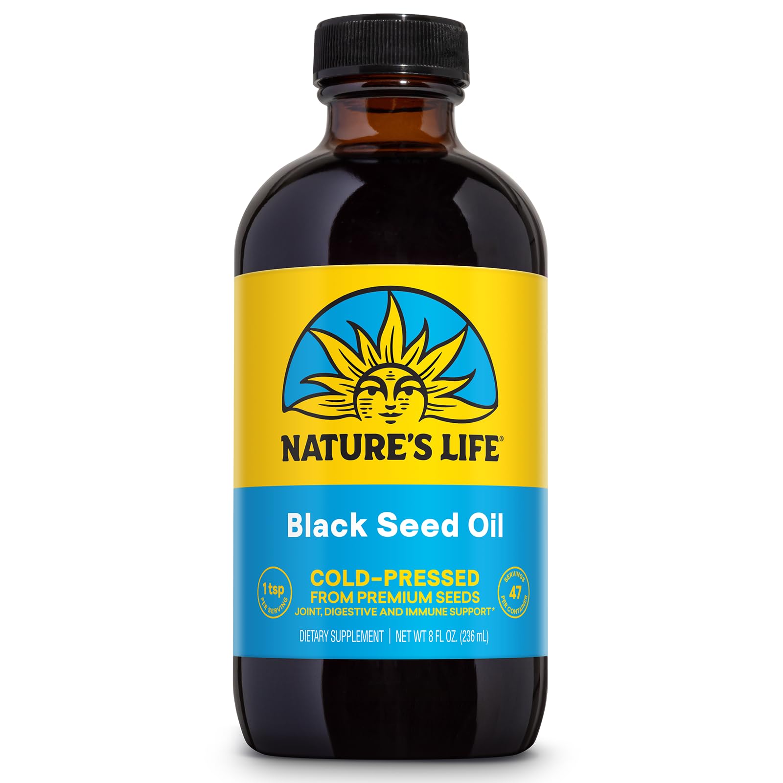 Nature’s Life Aceite Semilla Negra, botella prensado en frío para uso diario.