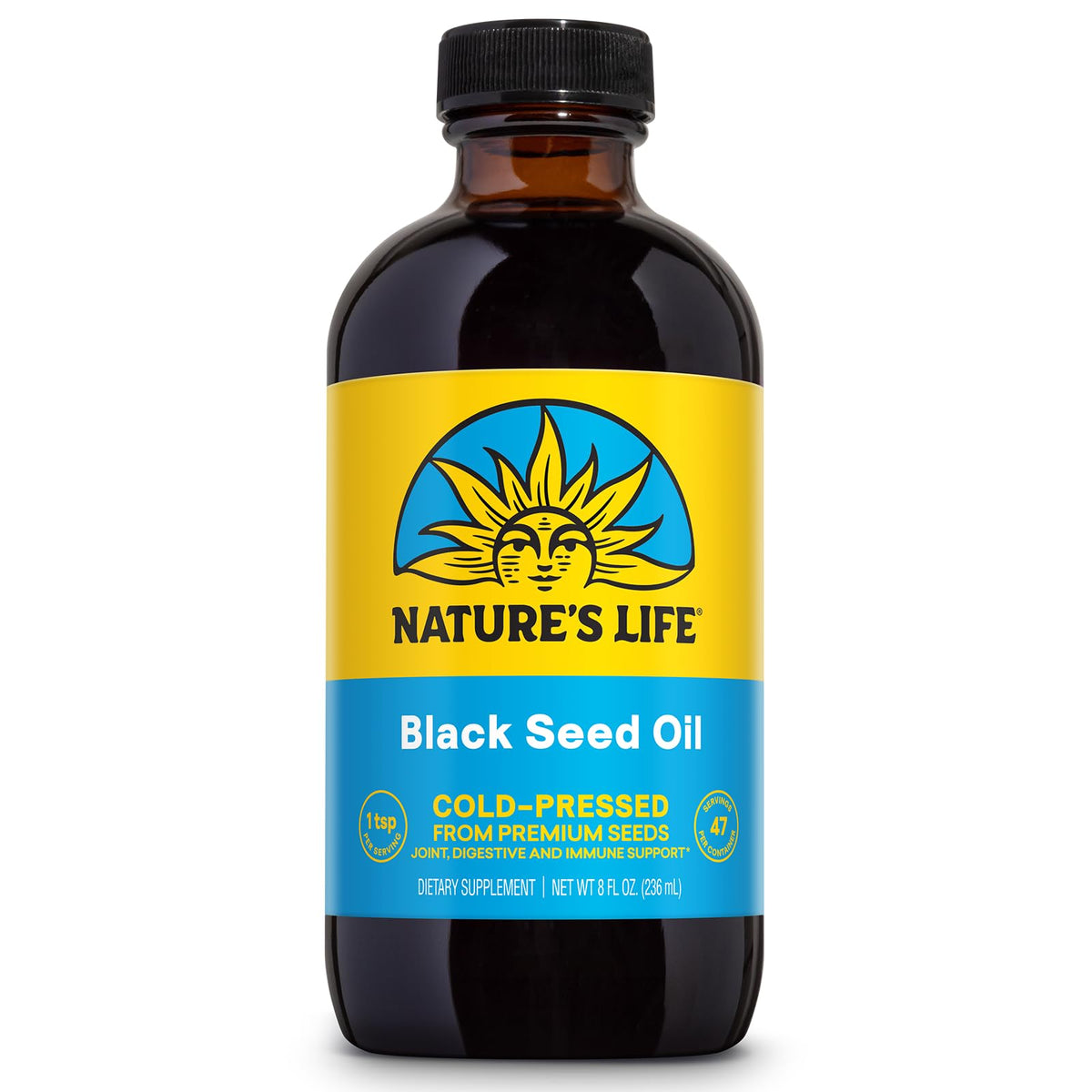 Nature’s Life Aceite Semilla Negra, botella prensado en frío para uso diario.