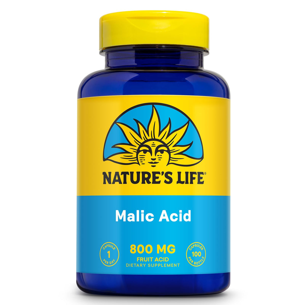 Nature's Life Ácido Málico 800 mg: botella de cápsulas para energía sostenida.