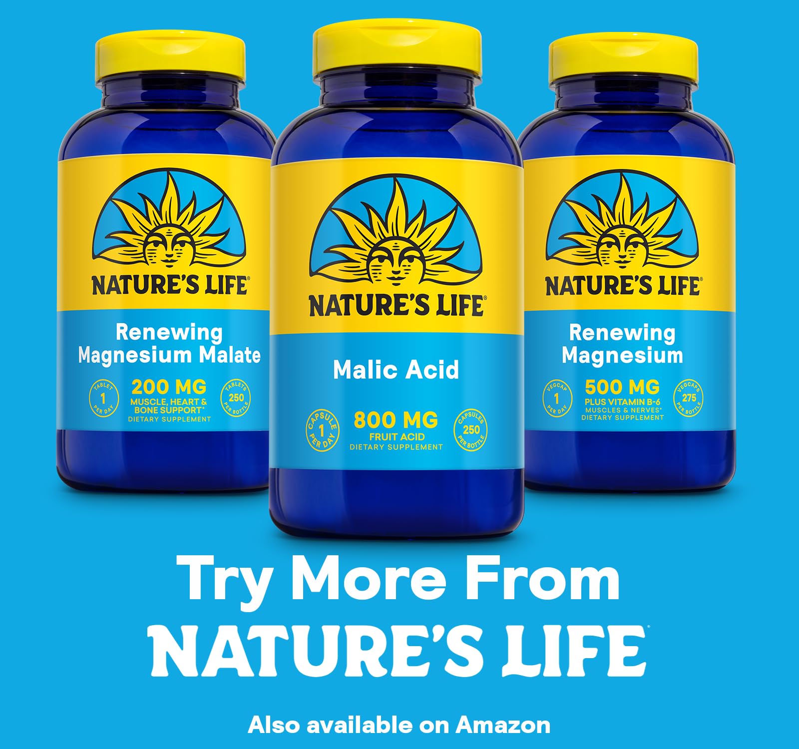 Nature's Life ácido málico 800 mg – caja con presentación de 250 cápsulas.