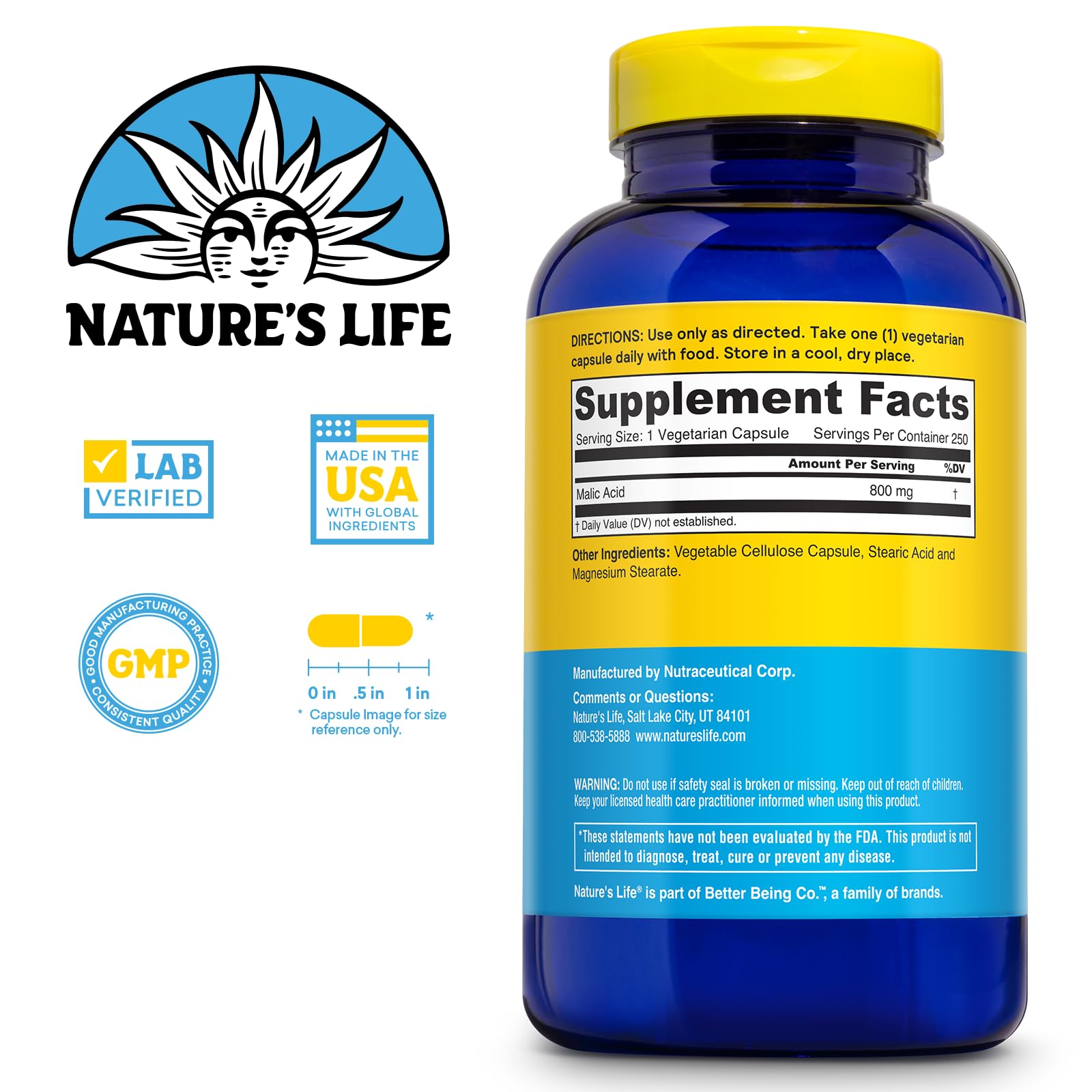 Nature's Life ácido málico 800 mg – cápsulas vegetarianas para confort muscular.