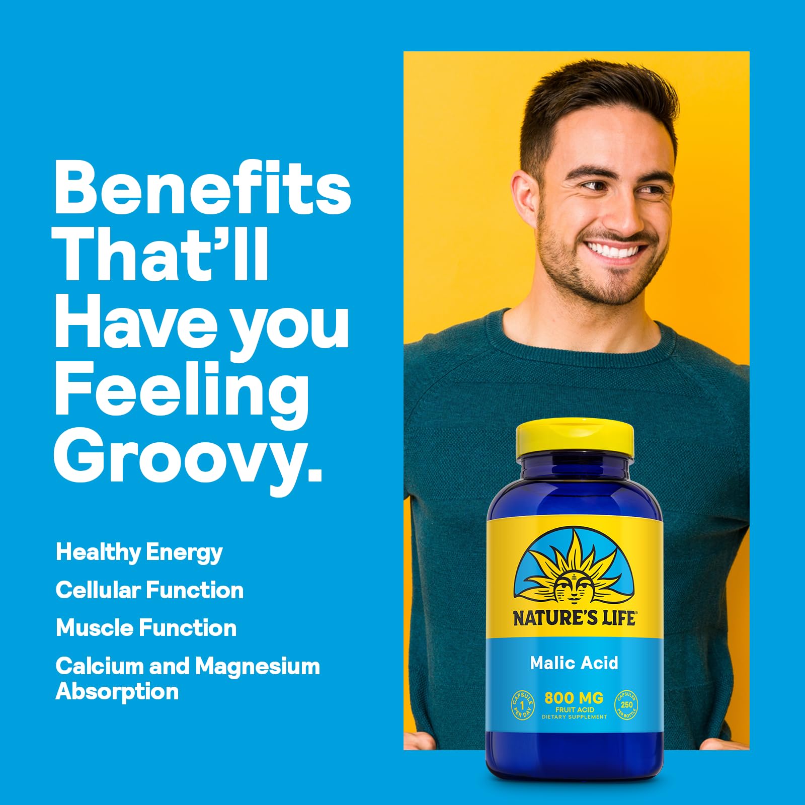 Nature's Life ácido málico 800 mg – etiqueta, detalle de ingredientes y pureza.
