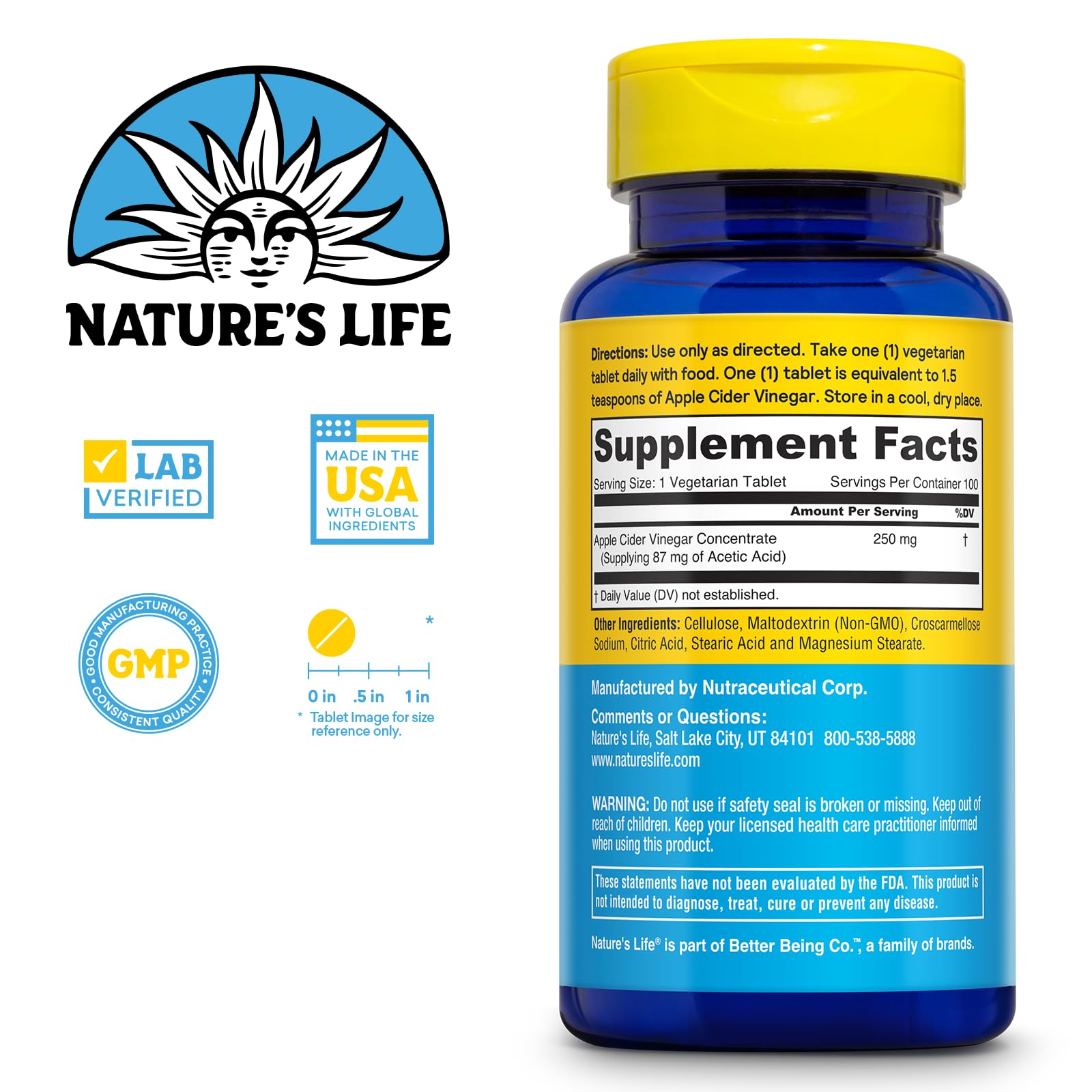 Nature's Life ACV Tabletas 250 mg con etiqueta legible para información clara.