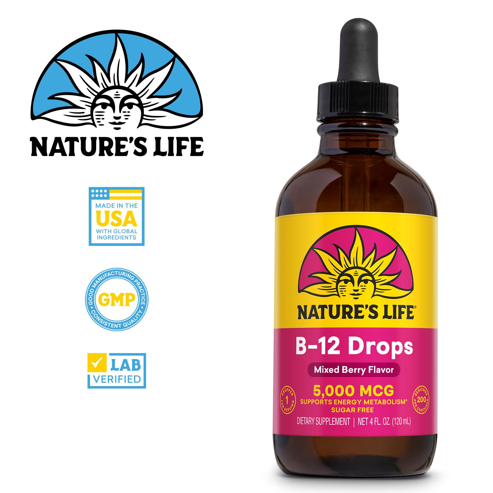 Nature's Life B12 Drops gotero en acción, entrega rápida para metabolismo