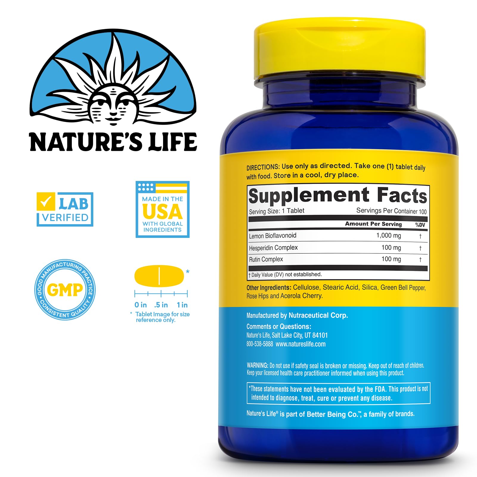 Nature's Life bioflavonoides de limón, etiqueta frontal con datos clave.