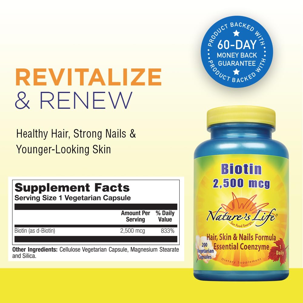 Nature's Life Biotina 2500mcg para piel radiante y joven.