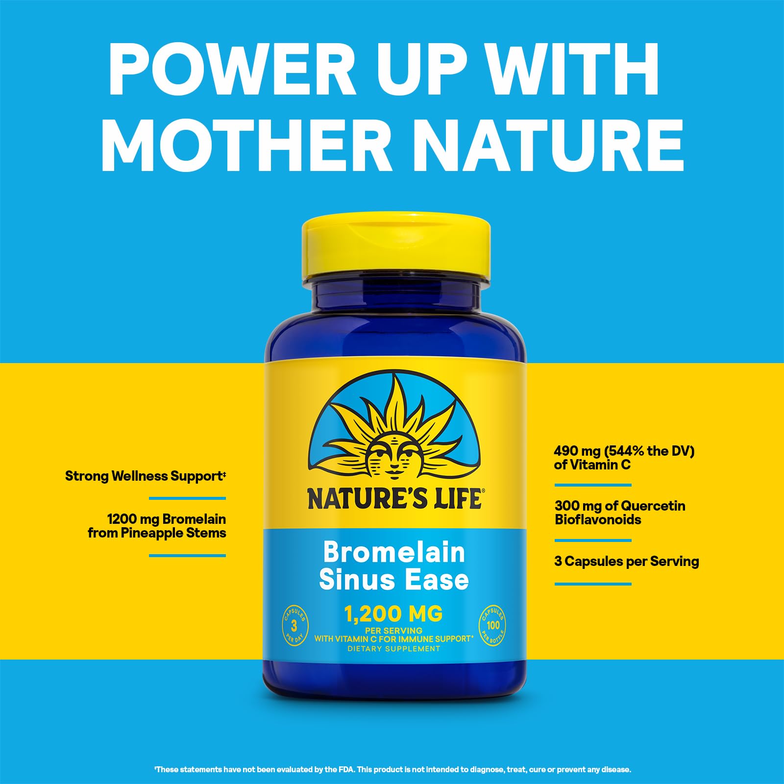 Nature's Life Bromelain Sinus Ease: ingredientes clave que apoyan digestión y defensa ocasional.
