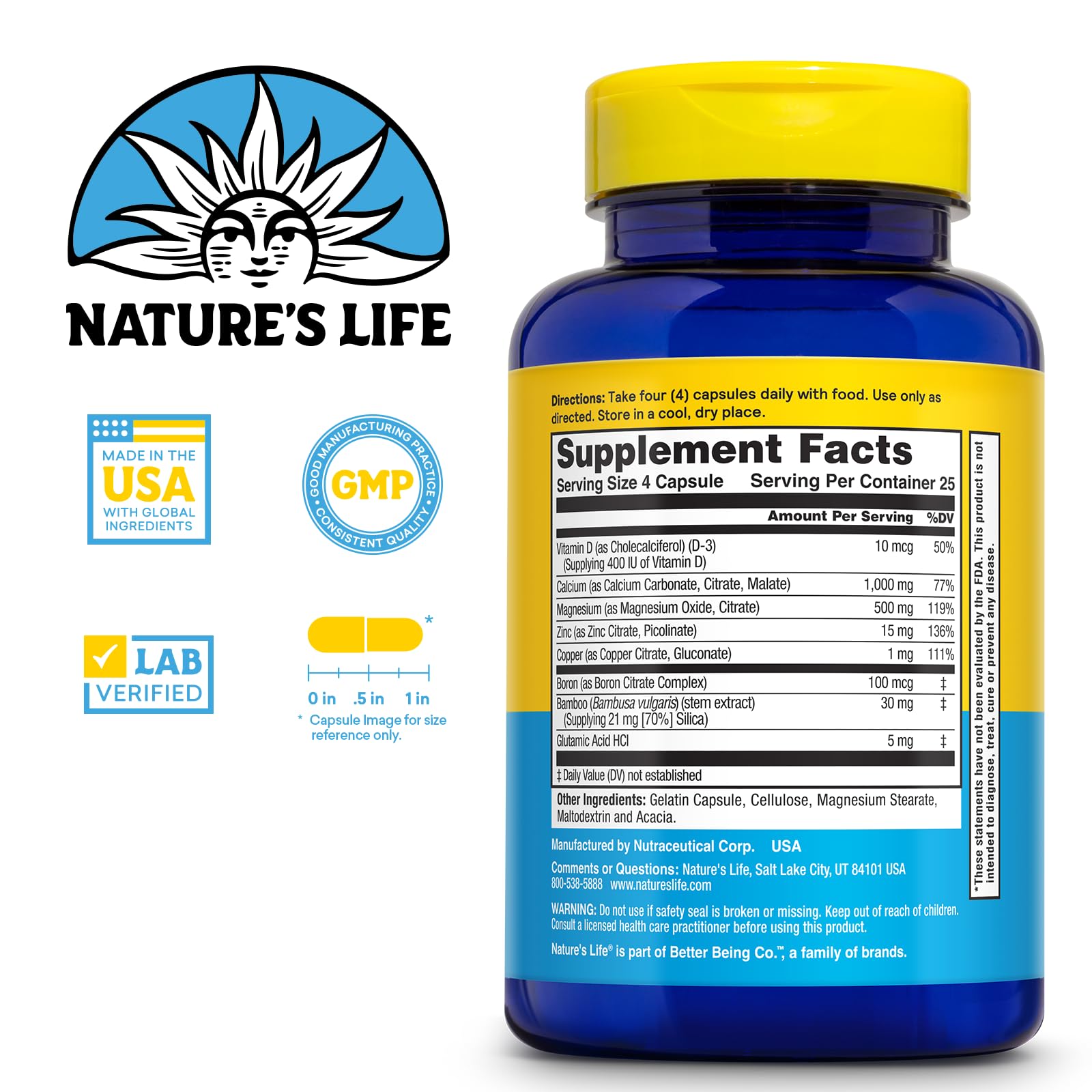 Nature's Life Cal Mag Zinc Complex botella de dosis diarias facilita la toma regular.