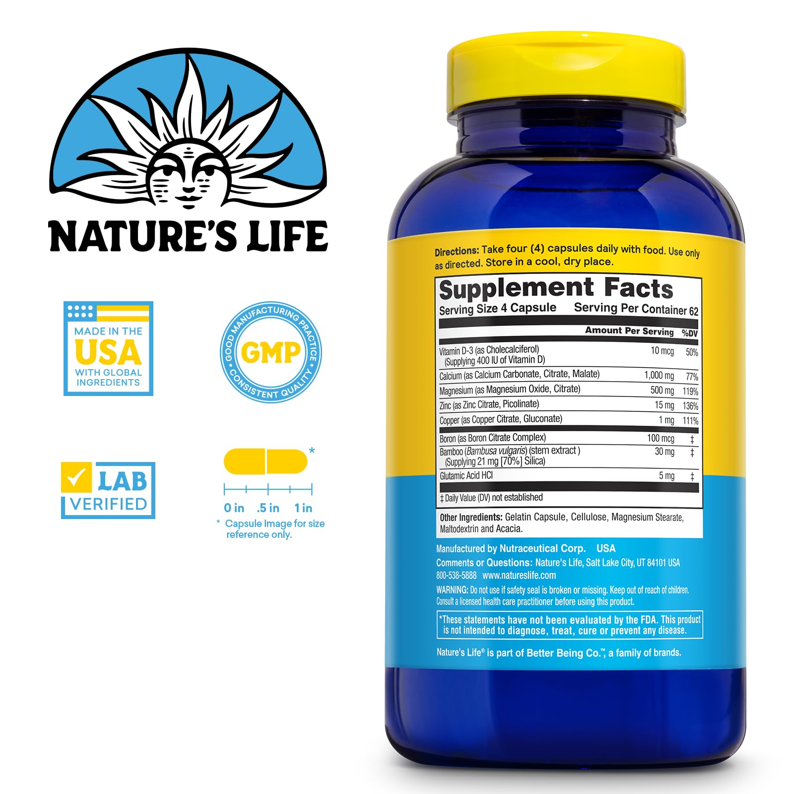 Nature's Life Cal Mag Zinc frasco, con D3 y minerales para huesos saludables