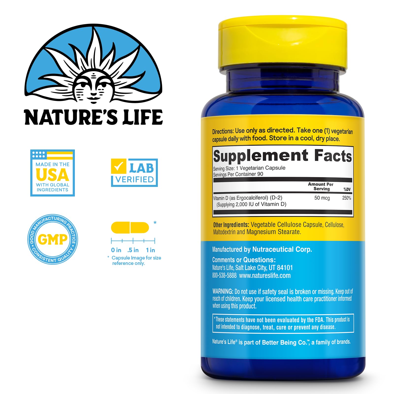Nature's Life cápsulas vegetarianas D2 2000 UI para absorción de calcio y salud ósea diaria