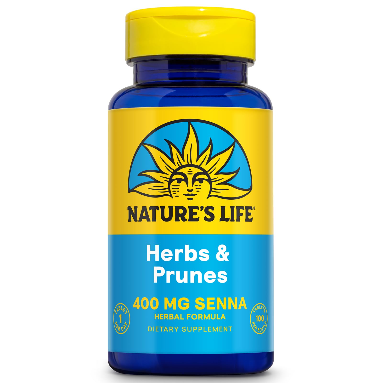 Nature's Life Herbs & Prunes: botella-vertido, uso diario seguro y fácil.