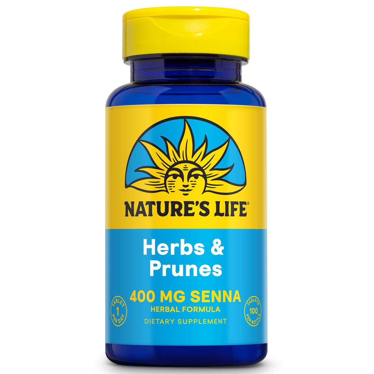 Nature's Life Herbs & Prunes: botella-vertido, uso diario seguro y fácil.