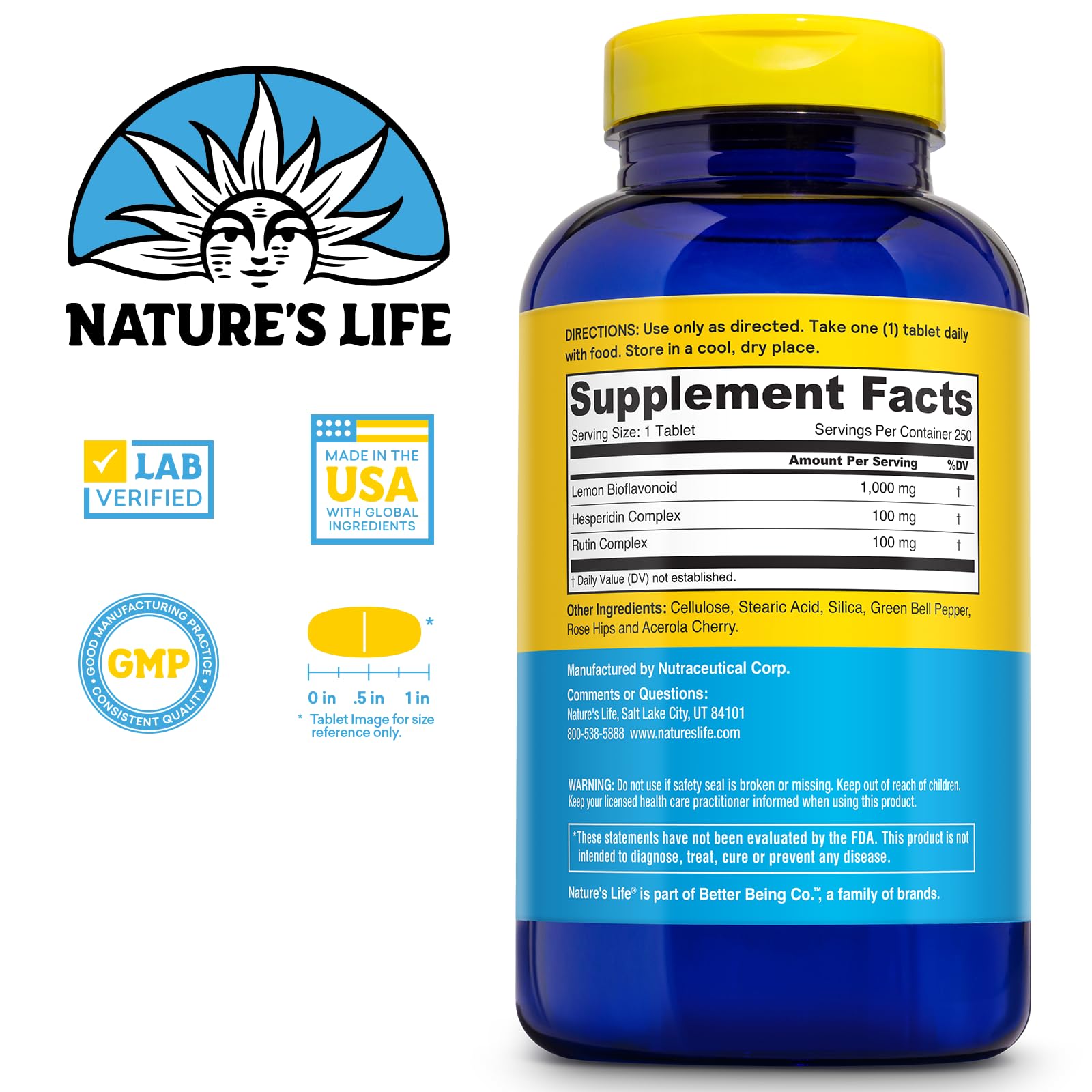 Nature's Life Limon Bioflavonoides – etiqueta detalle, enfoque en absorción de vitamina C