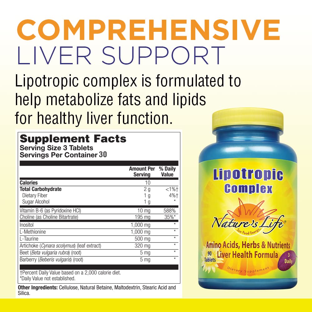 Nature's Life Lipotropic Complex, etiqueta clara con ingredientes clave para soporte hepático.