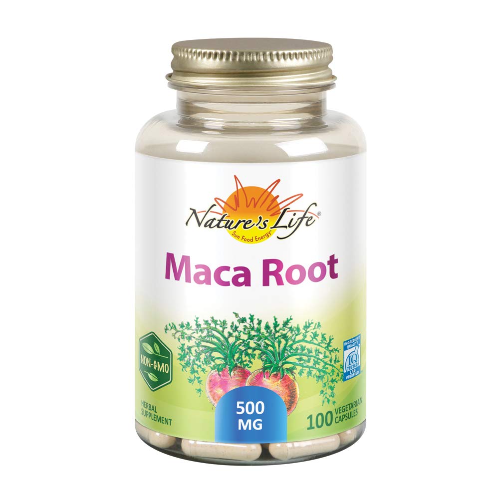 Nature's Life Maca 500 mg en botella, apoyo a la energía y foco.