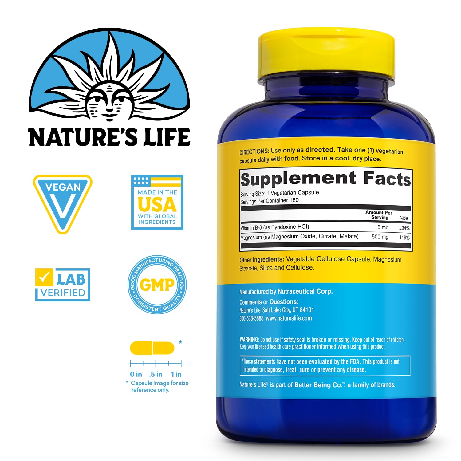 Nature's Life magnesio 500 mg en cápsulas vegetales para nervios