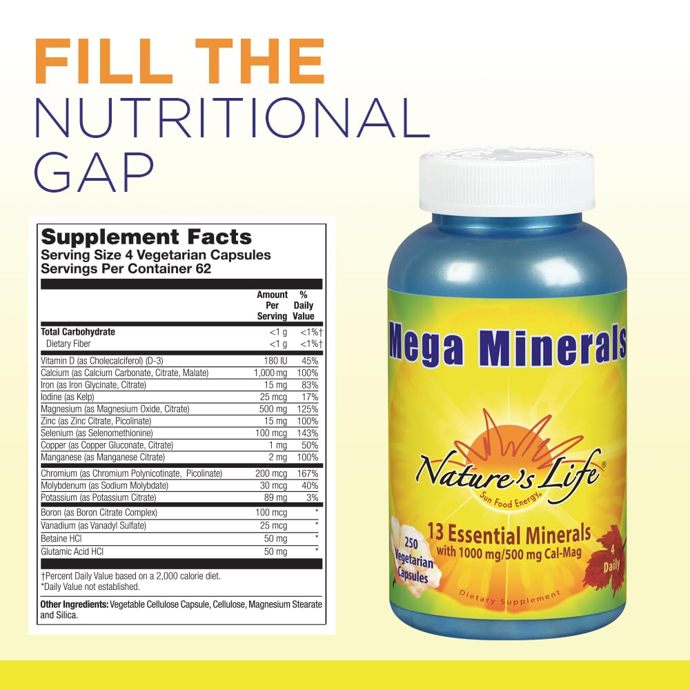Nature's Life Mega Minerals botella con etiqueta destacando minerales y dosis.