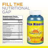 Nature's Life Mega Minerals botella con etiqueta destacando minerales y dosis.