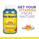 Nature's Life Mega Minerals caja muestra envase y detalles de uso diario.